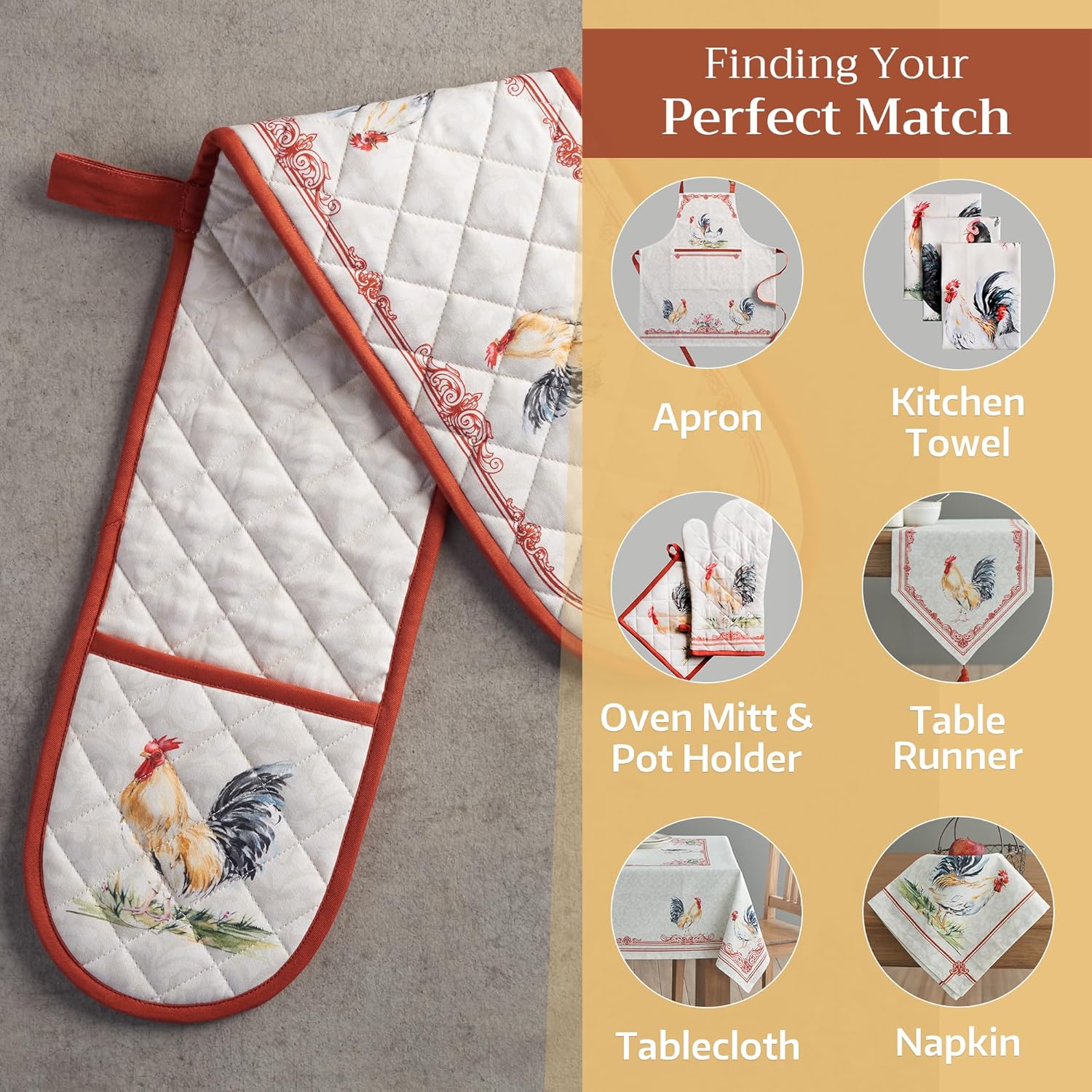 Maison d' Hermine Double Oven Mitts 100% Cotton 7"x35" Double Oven Mitt Heat Resistant BBQ Cooking Gloves with Loop, Baking, Grilling, Home, Kitchen, Handling Hot Pans Spring Summer (Campagne)