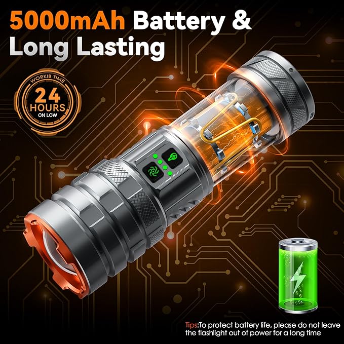 G580 Camping Flashlights,9000Lux 5000mAh Super Bright High Lumens Rechargeable Flashlight with 11 Modes,Waterproof,Adjustable LED Multi-Flashlight for Car,Outdoor,Camping,Walking,Tactical