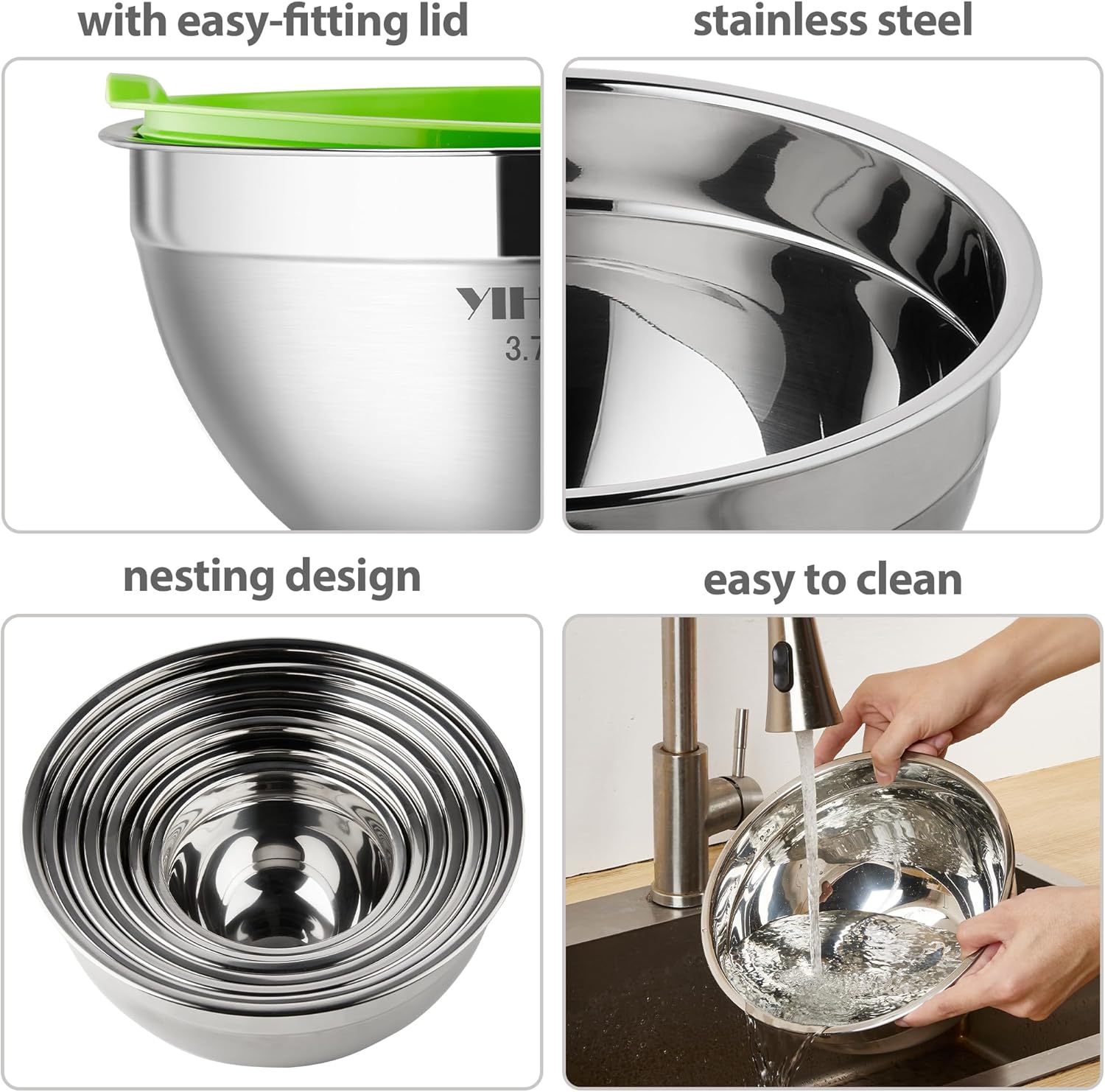 YIHONG 7 Piece Metal Mixing Bowls with Lids for Kitchen, Stainless Steel Set Ideal for Baking, Prepping, Cooking and Serving Food, Nesting Design for Space Saving Storage