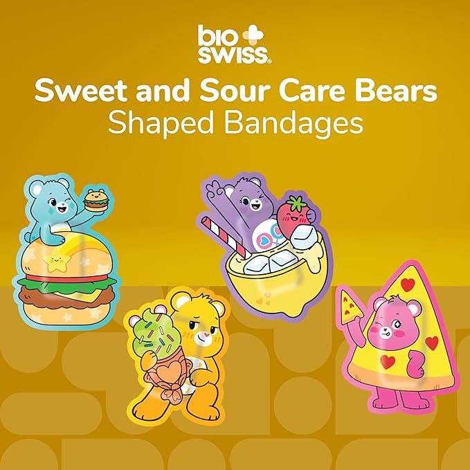 BioSwiss Care Bears Bandages, Sweet and Sour Care Bear Shaped Self Adhesive Bandage, Latex Free Sterile Wound Care, Fun First Aid Kit Supplies for Kids, 50 Count
