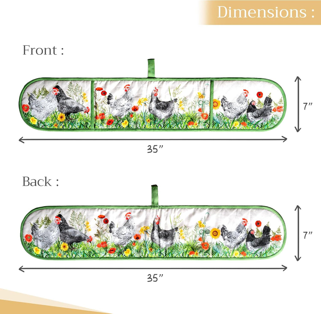 Maison d' Hermine Double Oven Mitts 100% Cotton 7"x35" Double Oven Mitt Heat Resistant BBQ Cooking Gloves with Loop, Baking, Grilling, Home, Kitchen, Handling Hot Pans Spring Summer (Basse Cour)