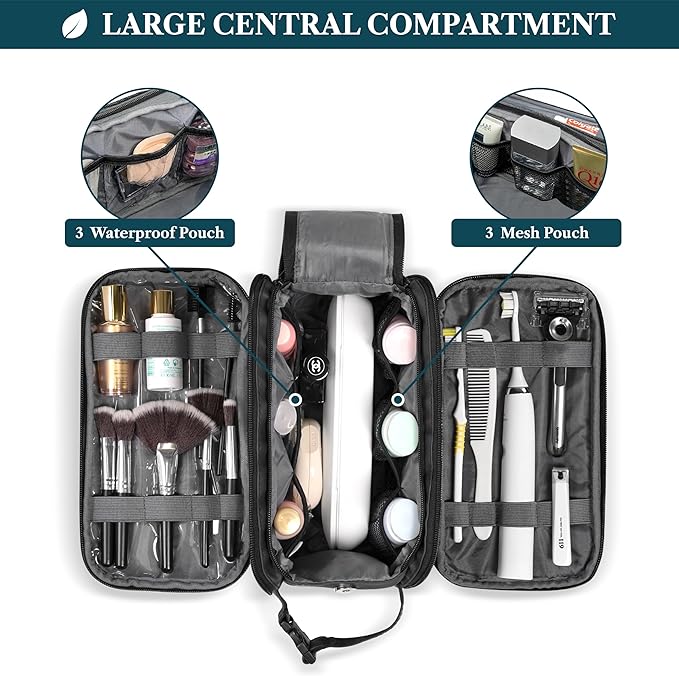 PAVILIA Large Toiletry Bag for Men Women, Mens Travel Bag Toiletries Organizer Case for Grooming, Travel Essentials Shaving Dopp Kit, PU Leather Water Resistant Cosmetic Pouch, Black