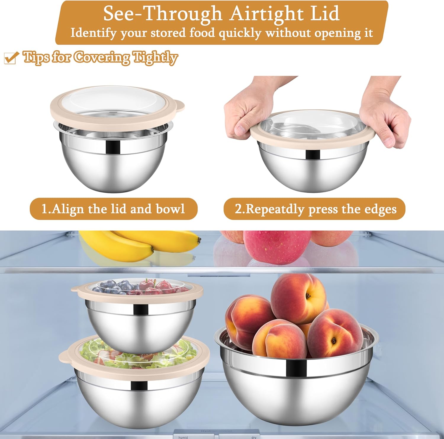 LIANYU Mixing Bowls with Visible Airtight Lids, 3Pcs Stainless Steel Large Metal Nesting Kitchen Bowls Set, 4.6 & 3 & 1.5QT Size Ideal for Mixing, Baking, Serving, Dishwasher & Freezer Safe, Khaki