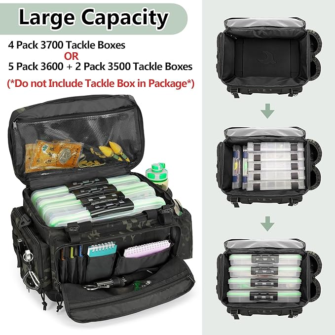 Waterproof Fishing Tackle Bag with Waterproof EVA Bottom (No Tackle Boxes in Package), Soft Tackle Box Storage Bag with Rod Holder, Pliers Storage for Fishing
