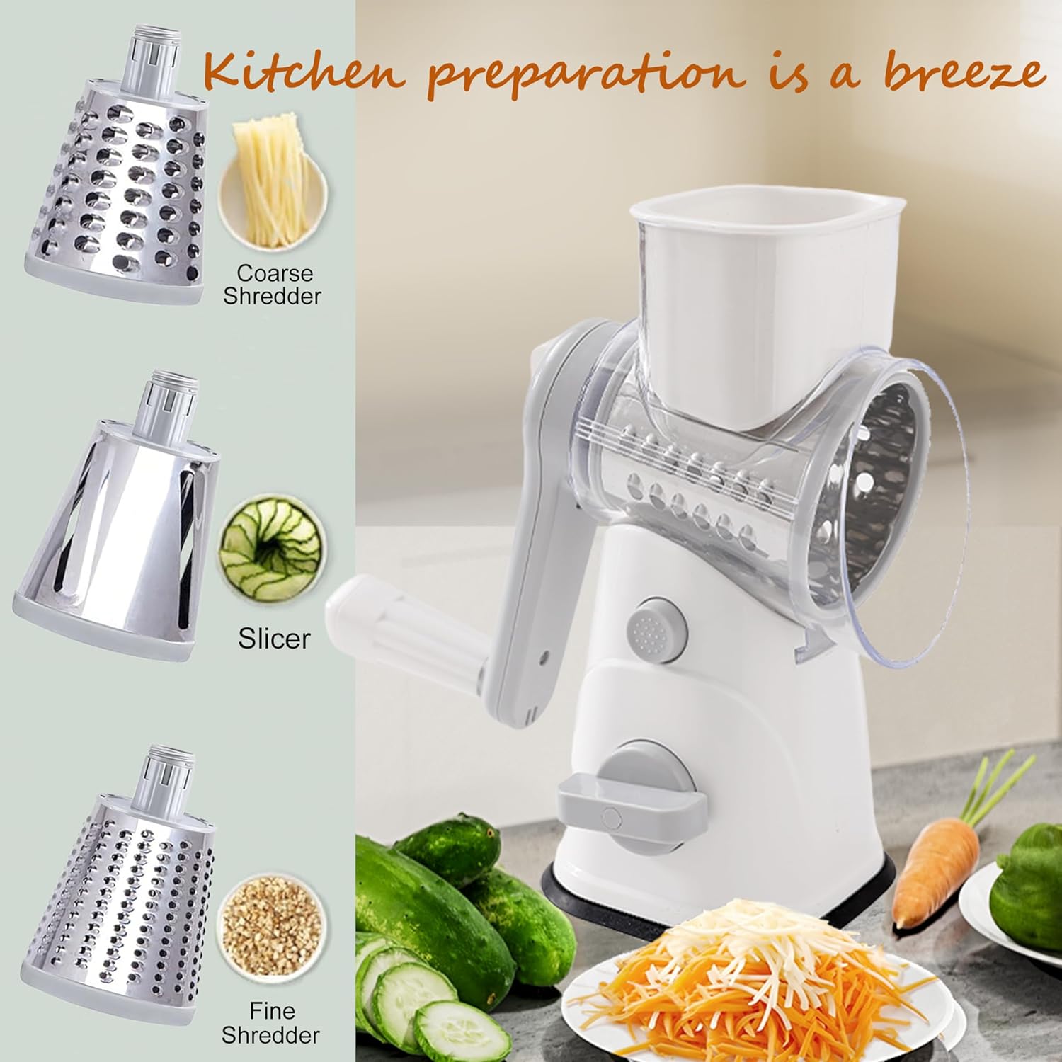 3-in-1 Rotary Cheese Grater Vegetable Slicer, 3 Interchangeable Blades Food Shredder with Anti-Slip Reinforced Suction Base, Kitchen Mandoline Chopper (White)