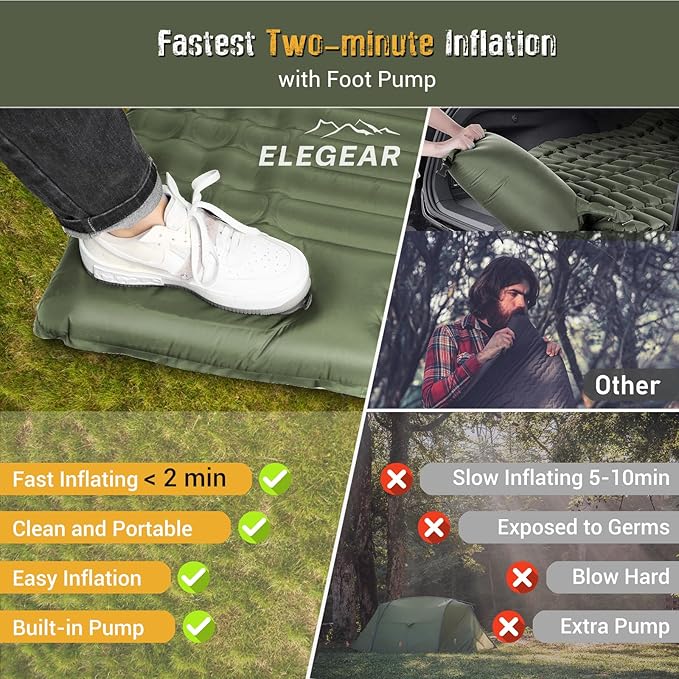 Elegear Self Inflating Sleeping Pad for Camping, 4" Ultra-Thick Camping Mattress Pad with Pillow Built-in Foot Pump, Portable Sleeping Mat for Backpacking, Hiking, Tent
