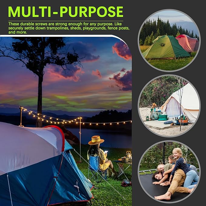 6pcs 3/8 x 12 inch Heavy Duty Camping Ground Anchors, Non-Rust Tent Stakes Screw in Kit for Securing Animals, Trampoline, Carports, Canopies, Sheds, Swing Sets, Ground Anchors for High Winds