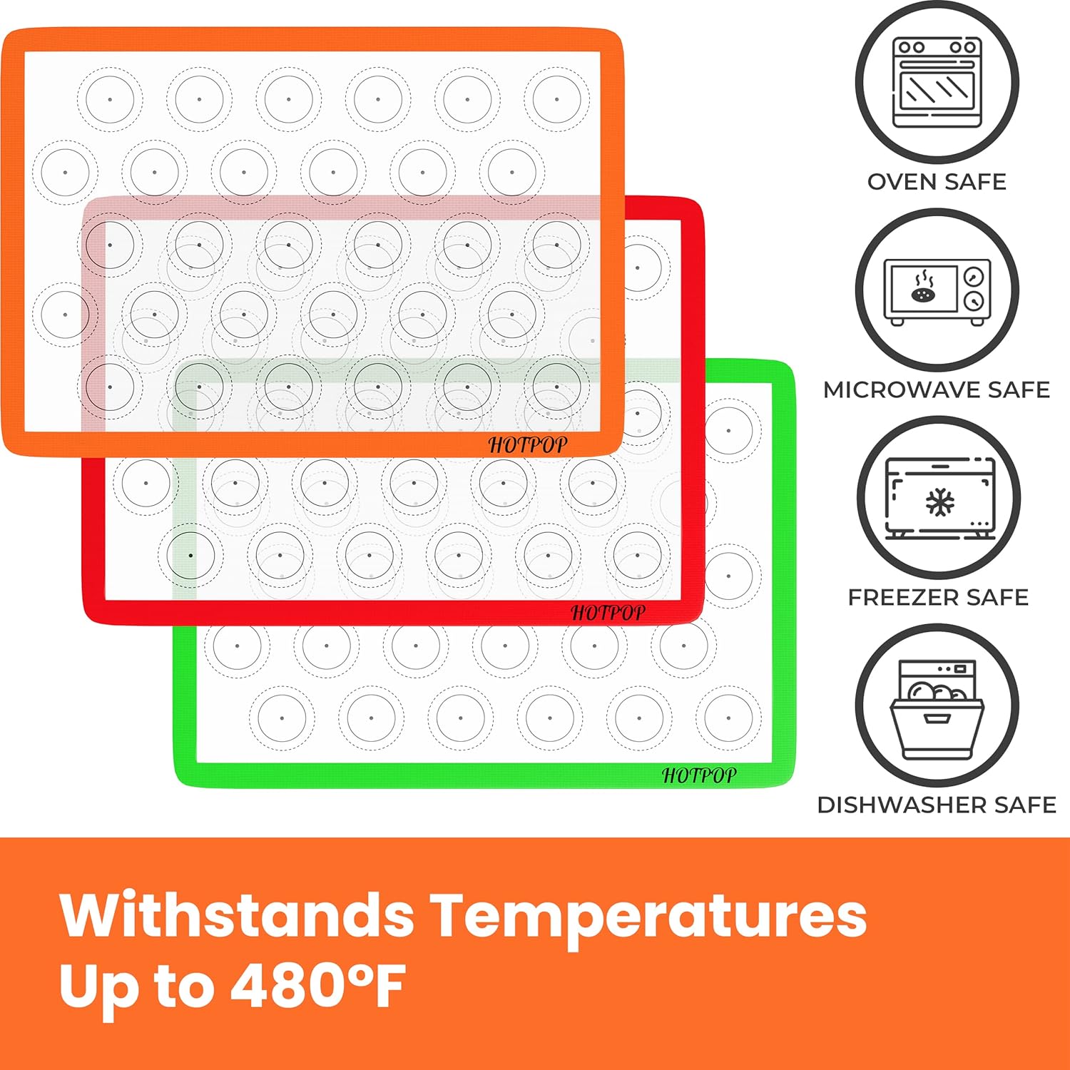 HOTPOP Silicone Baking Mats 0.75mm, Non-Stick Macaron Silicone Baking Mats - Silicone Sheet for Bake Pans and Rolling with Outlines for Pastries (3 HALF SIZE)