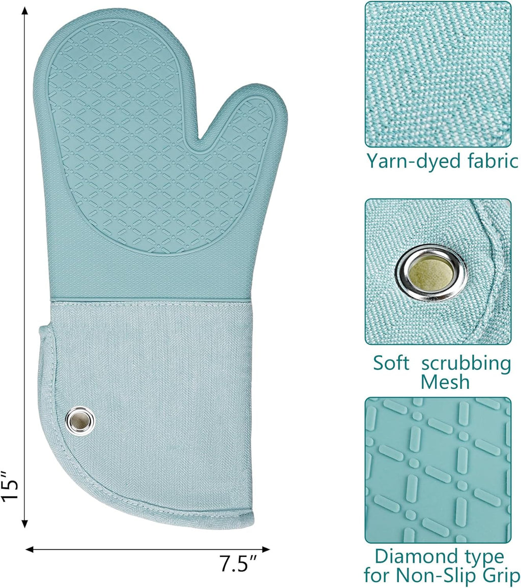 Professional Microwave Silicone Oven Mitts one Pair, Kitchen Mitten Set for Heat Resistant with 500 Degrees, Kitchen Gloves Pot Holder for BBQ Cooking Baking (Light Blue)