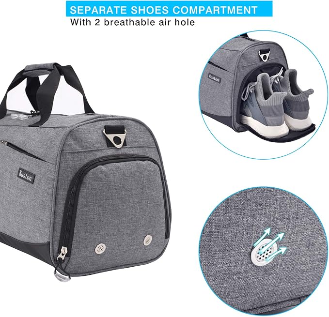 Kuston Sports Gym Bag with Shoes Compartment &Wet Pocket Gym Duffel Bag Overnight Bag for Men and Women-Grey