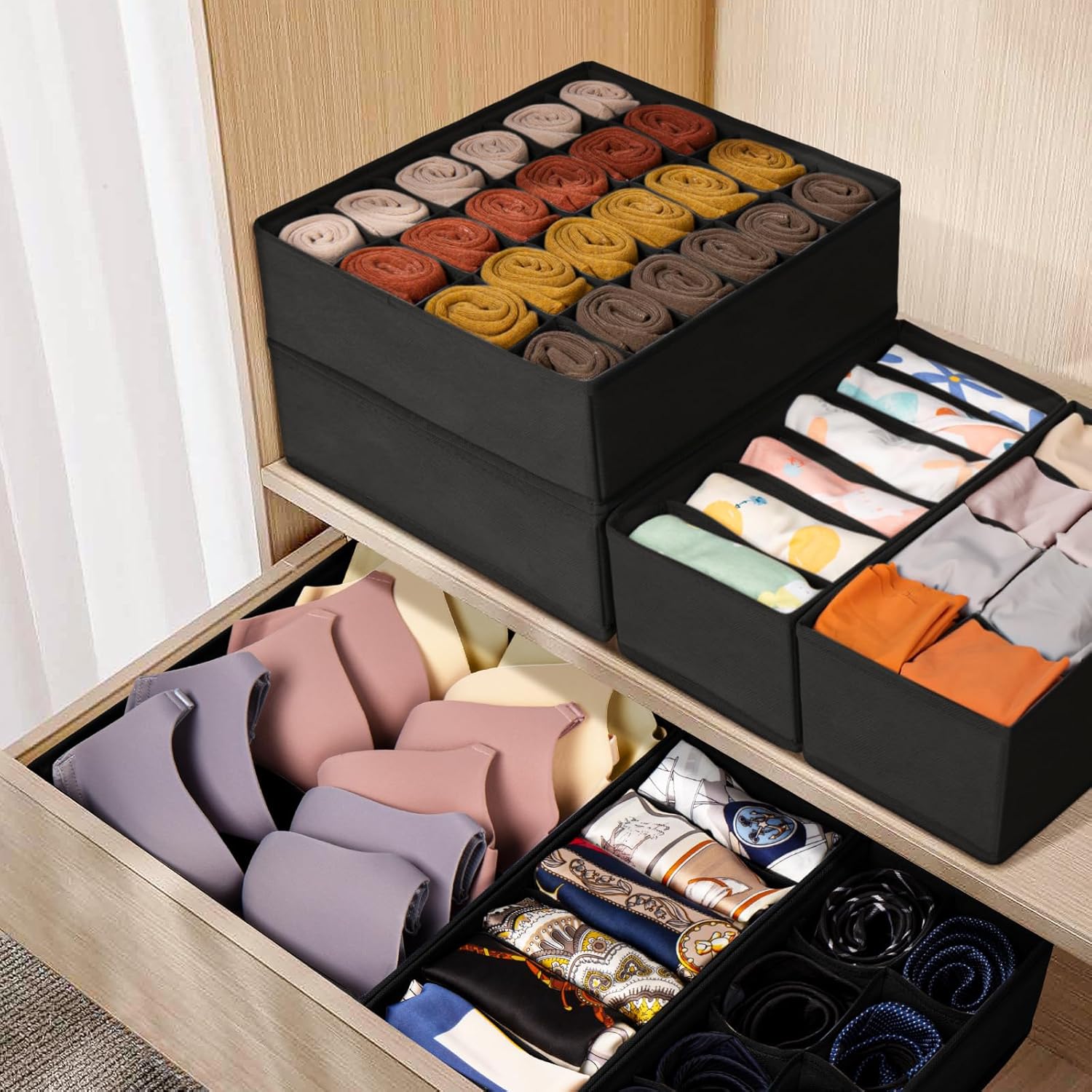 Drawer Organizer Clothes, 8 Pack Dresser Organizer Bins for Baby Clothes, Underwear Sock, Fabric Closet Organization and Storage Dividers for Nursery Bedroom (48 Compartments, Black)