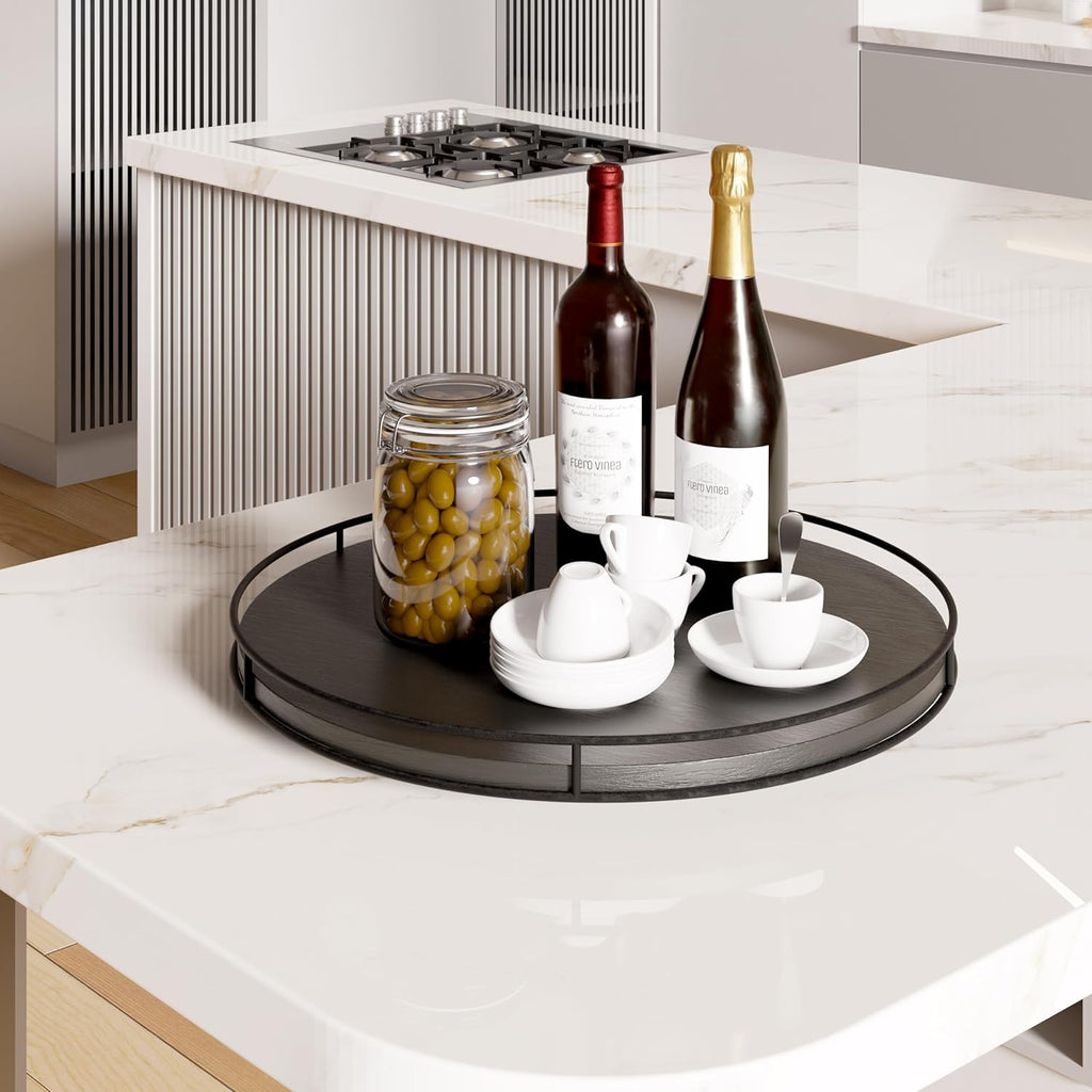 18" Acacia Wood Lazy Susan Turntable with Metal Frame for Table Top - Large Black Rotating Organizer Countertop Storage - Wooden Serving Tray for Charcuterie Cheese Board - Kitchen Counter