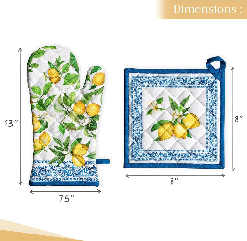 Maison d' Hermine 100% Cotton Oven Mitt & Pot Holder Set (7.5"x13" & 8"x8") Heat Resistant BBQ Cooking Gloves with Loop, Baking, Grilling, Kitchen, Handling Hot Pans Spring/Summer (Cedrat)