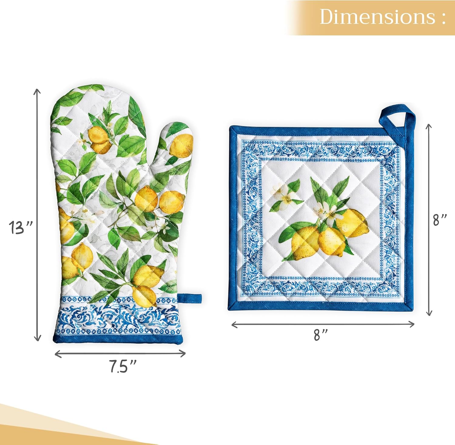 Maison d' Hermine 100% Cotton Oven Mitt & Pot Holder Set (7.5"x13" & 8"x8") Heat Resistant BBQ Cooking Gloves with Loop, Baking, Grilling, Kitchen, Handling Hot Pans Spring/Summer (Cedrat)