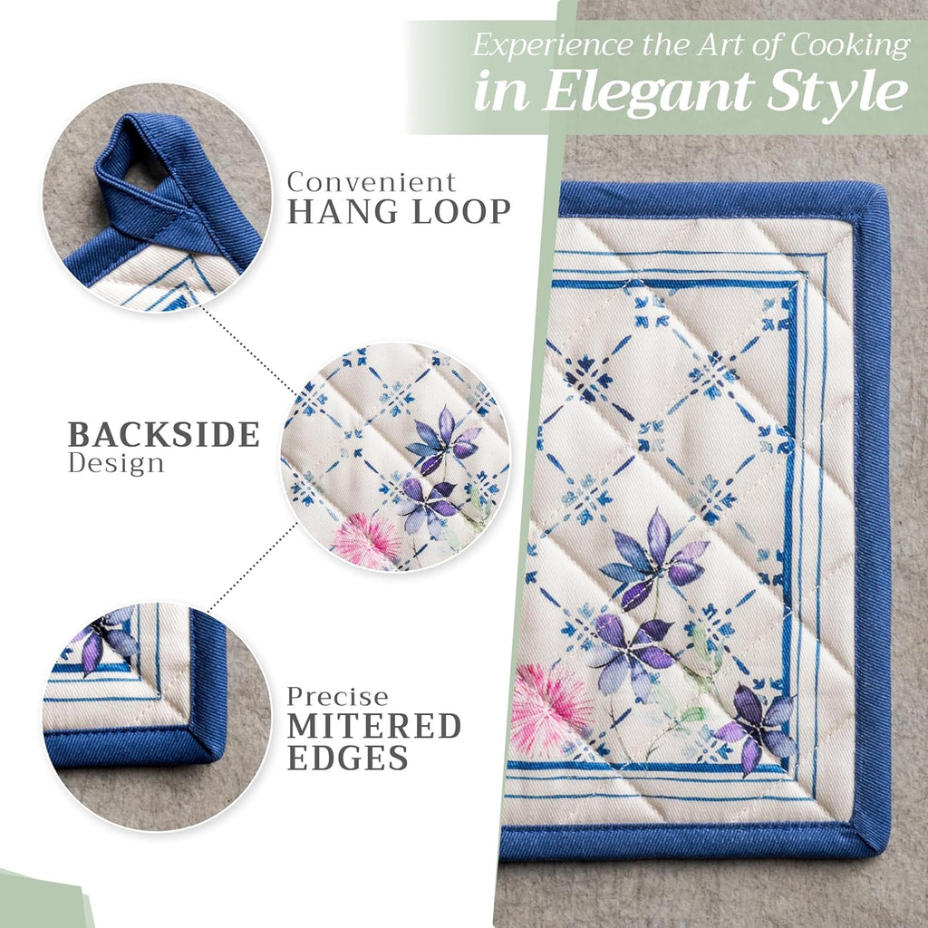 Maison d' Hermine Pot Holders 100% Cotton Heat Resistant Potholders 8" x 8" Hot Pads with Loop BBQ, Cooking, Baking, Grilling, Kitchen, Handling Hot Pans Spring/Summer (Pack of 1, Faience)