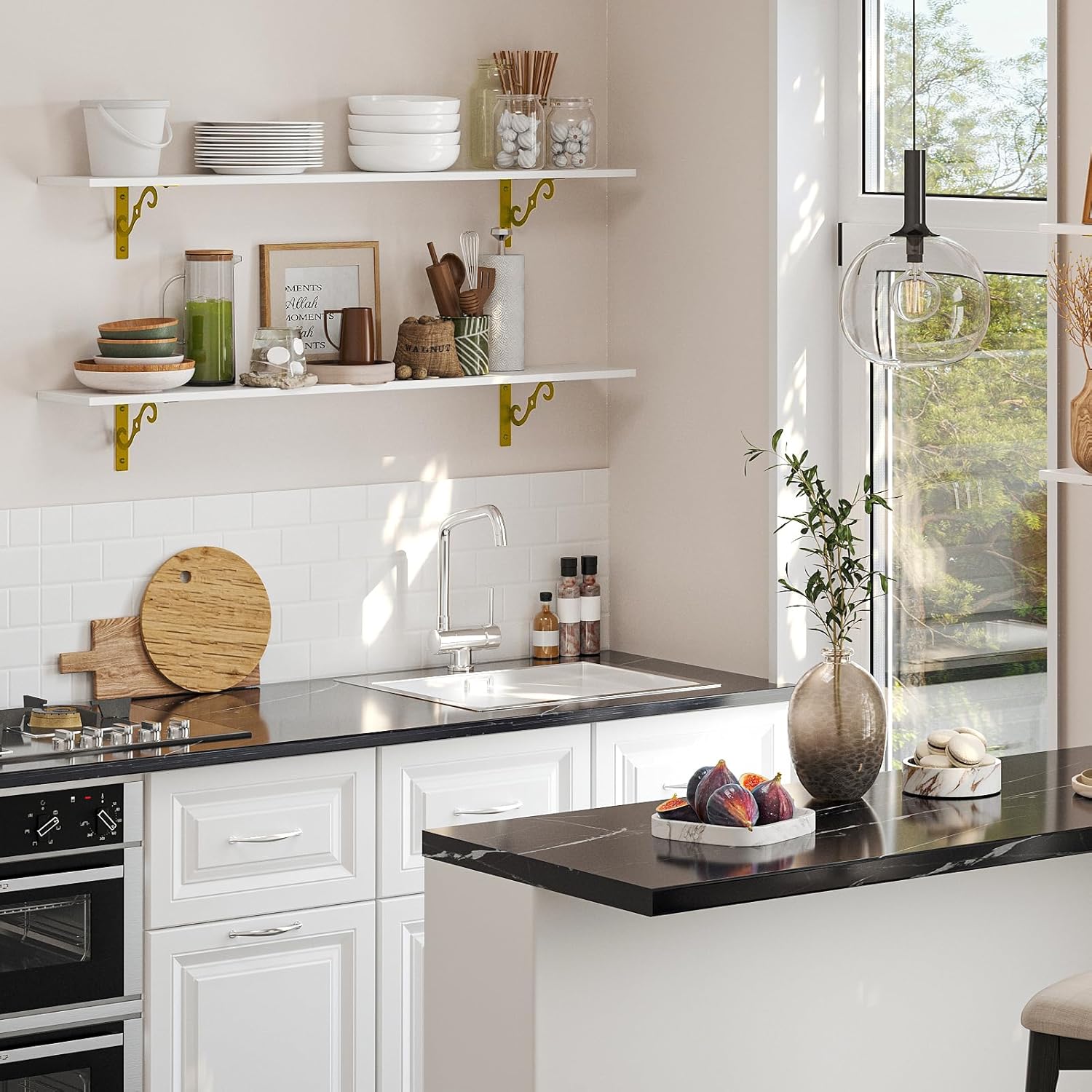 DINZI LVJ Long Wall Shelves, 31.5" Wall Mounted Shelves Set of 4, Wide Floating Shelf for Wall with Metal Brackets, for Living Room, Bathroom, Bedroom, Kitchen, Office, White and Gold