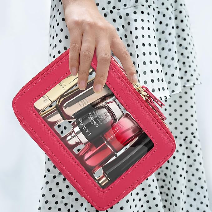 Aveniee Clear Makeup Bag for Women, Cosmetic Case Travel Toiletry Bag, Heavy Duty Makeup Organizer Car Bag for Accessories with Dual Zippers(PitayaPink)