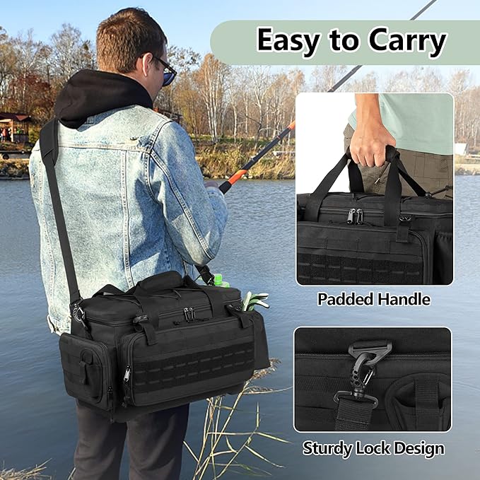 Waterproof Fishing Tackle Bag with Waterproof EVA Bottom (No Tackle Boxes in Package), Soft Tackle Box Storage Bag with Rod Holder, Pliers Storage for Fishing