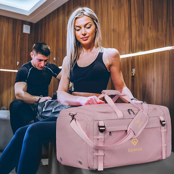 Eackrola Large Sports Gym Bag, Travel Duffel bag with Wet Pocket & Shoes Compartment for men women, 65L, Lightweight（Pink）