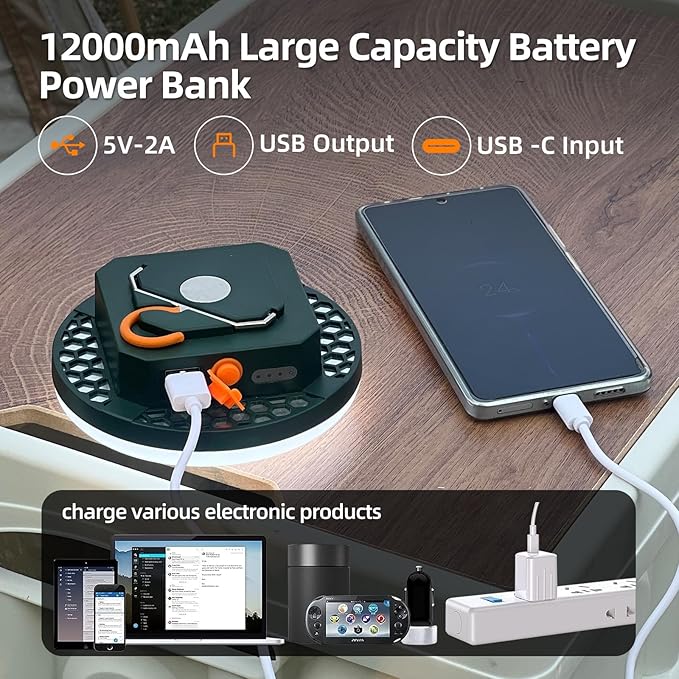 10000mAh Rechargeable Tent Light 3 Lighting Modes, 4000LM LED Portable Camping Lantern, IPX5 Waterproof, 30W Hanging Tent Light with Magnet, for Emergency & Gift