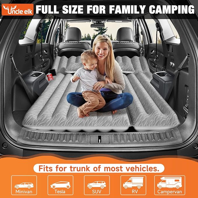 SUV Air Mattress: Inflatable Car Air Mattress for Camping, Flocking Car Bed with Air Pump & 2 Pillows, Portable Sleeping Pad Mattress for Home Car Travel Camping Grey