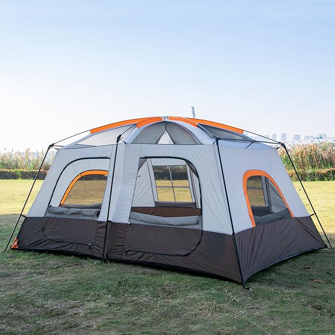 KTT Extra Large Tent 10-12-14 Person(A),Family Cabin Tents,2 Rooms,3 Doors and 3 Windows with Mesh,Straight Wall,Waterproof,Double Layer,Big Tent for Outdoor,Picnic,Camping,Family Gathering