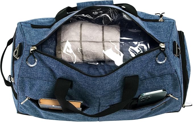 Kuston Sports Gym Bag with Shoes Compartment &Wet Pocket Gym Duffel Bag Overnight Bag for Men and Women (Navy blue)