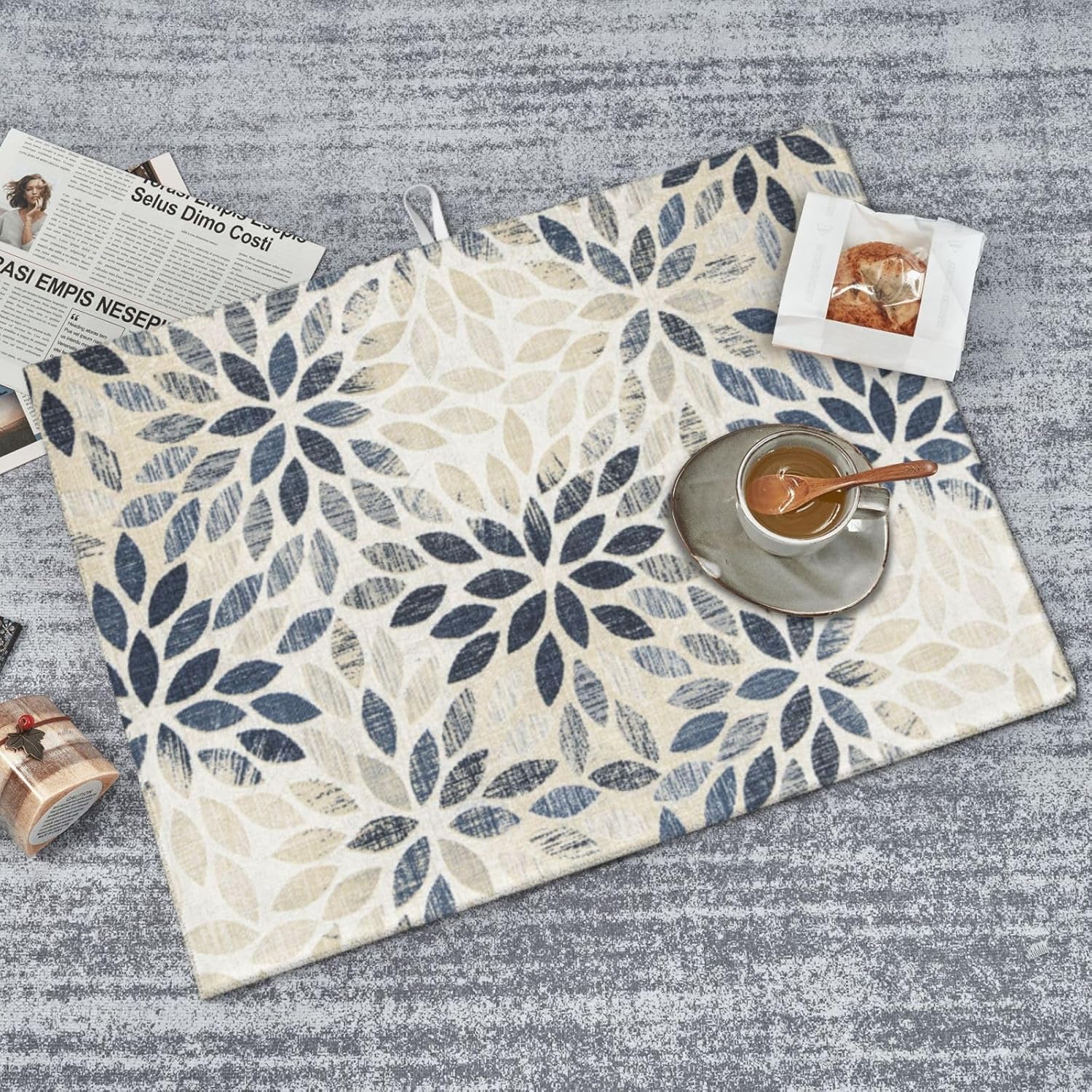 Dahlia Dish Drying Mat 18x24 for Kitchen Counter, Blue Floral Decorative Absorbent Coffee Mat Dish Drying Pad Coffee Bar Dish Drainer Rack Mat Drainer Mat