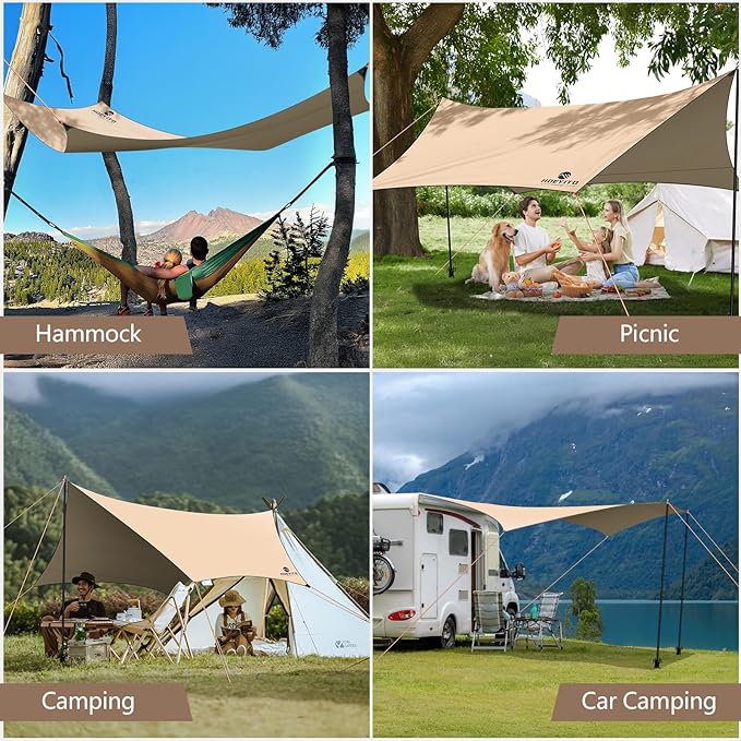 Camping Tarp with Poles & Retainer,15x12.5FT Large Waterproof 210D Oxford Cloth Camping Canopy, Anti-UV UPF100+ Tent Tarp Car Awning for Outdoor, Picnic, Hammock, Car, Backpacking(Khaki)