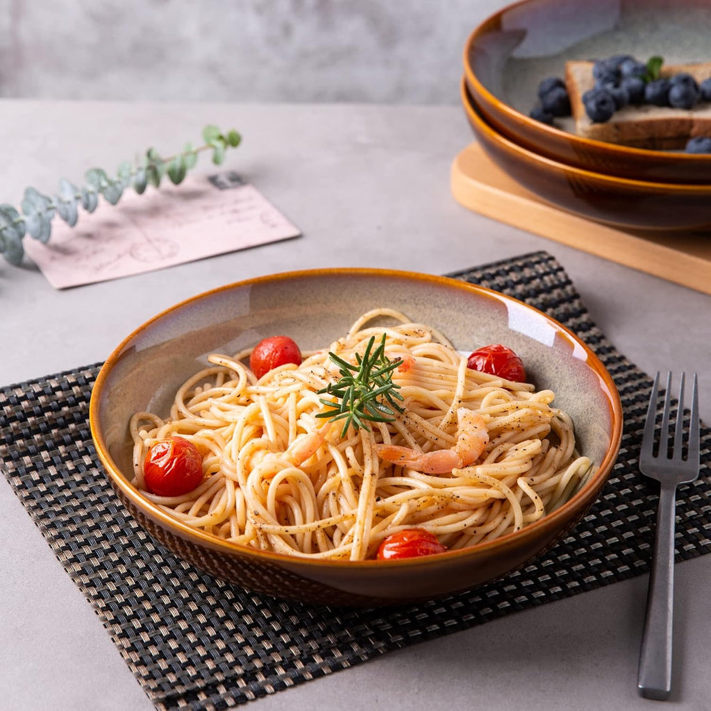 LERATIO Large Pasta Bowls,38oz Ceramic Pasta Bowls,9.0" Reactive Glaze Pasta Bowl Set of 4,Microwave & Dishwasher,Oven Safe,Wide Serving Bowls for Salad,Pasta,Fruit,Scratch Resistant-Khaki