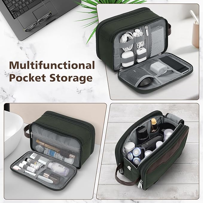 Wedama Toiletry Bag for Men, Medium Hanging Travel Toiletry Bag, Extra Electronic Organizer Bag Waterproof Shaving Bag for Toiletry with PU Handle for Travel Business Trips Swim Camping, Green+ Brown