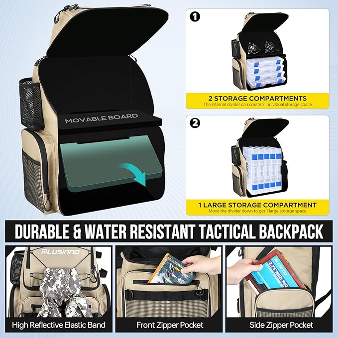 PLUSINNO Cooler Fishing Backpack with Rod Holders 45L Large Water-resistant Fishing Tackle bag Store Fishing Gear Fishing Gifts for Men Father