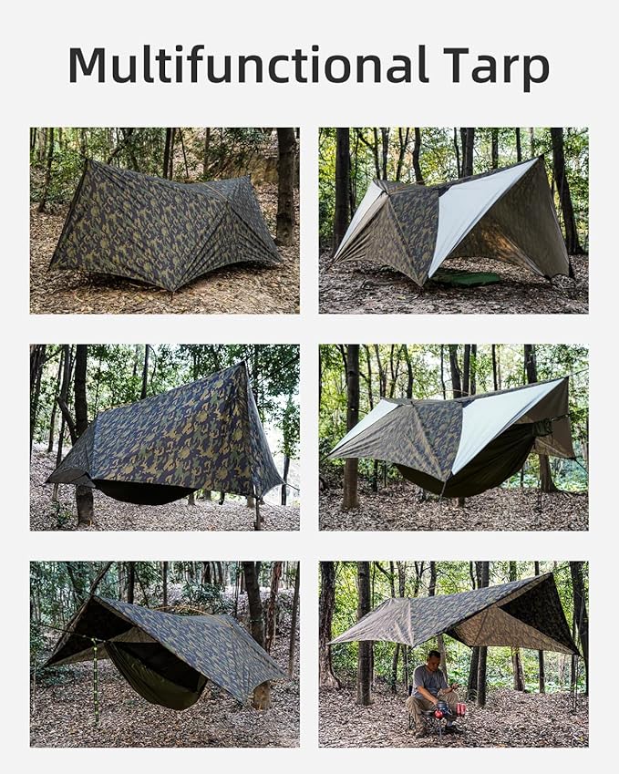 Ultralight Tarp, 14ft Hammock Rain Fly Lightweight Waterproof Camping Tent Tarp with Doors, Bushcraft Tarp Shelter for Backpacking Hiking Camping