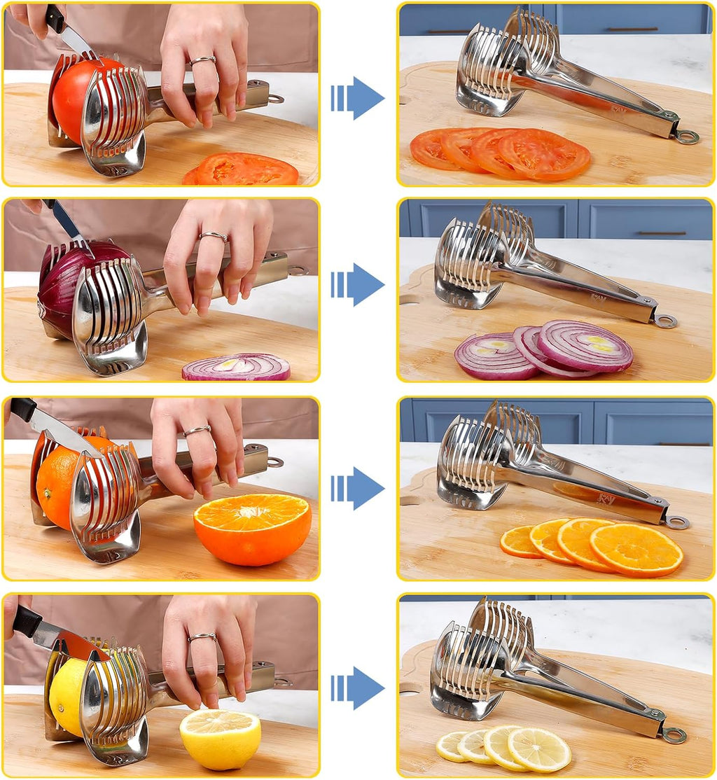 KAYCROWN Tomato Slicer Holder with Paring Knife Set, Stainless Steel Lemon Slicer Cutter for Slicing, Onion Holder for Slicing, Vegetable Cutter for Tomato, Lemon