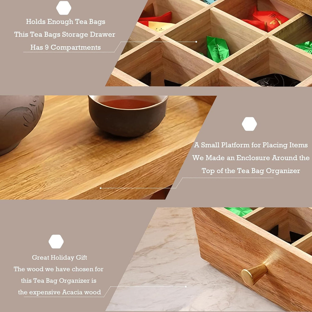 Tea Bag Holder Organizer, Tea Storage Organizer, Acacia Wood Drawer Interior 9 Grids & Teapots and Cups Can Be Placed on Top 10.4"X8.3"X5.4" Storage Box for Kitchen Countertop Organizer