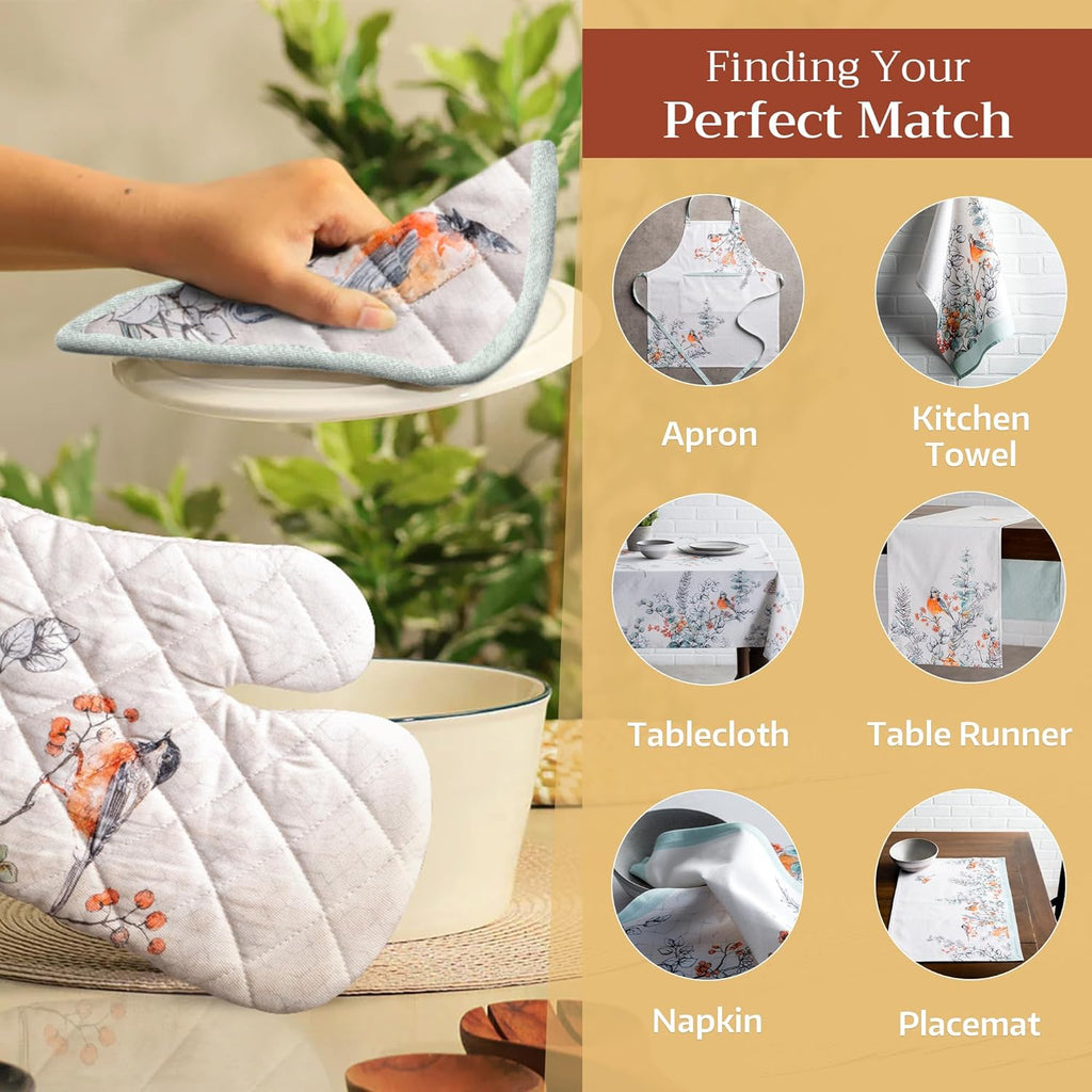 Maison d' Hermine Oven Gloves 100% Cotton Oven Mitt 7" x 13" with Loop Heat Resistant, BBQ, Cooking Gloves, Baking, Grilling, Kitchen, Handling Hot Pans (Pack of 1, Whitish Shabby Chique)