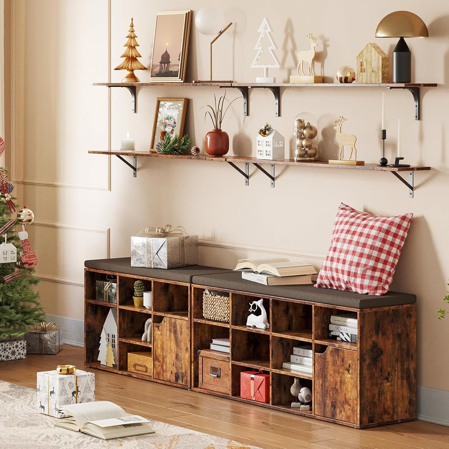 DINZI LVJ Long Wall Shelves, Set of 4, 47.3Inch Wall Mounted Shelves, Extra Large Storage Ledges with Sturdy Metal Brackets for Living Room, Bathroom, Bedroom, Kitchen, Rustic Brown