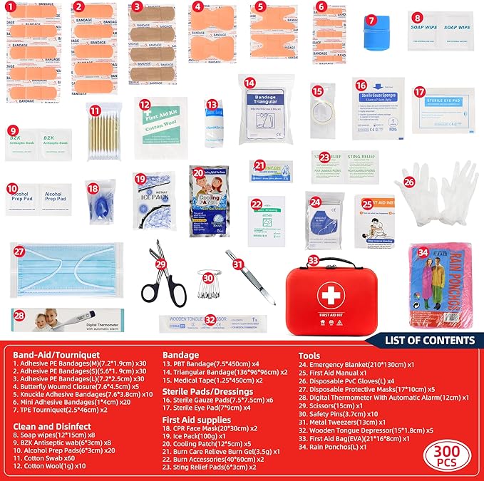 300pcs Professional First Aid Kit, Travel Trauma Emergency Kit with Basic First Aid Supplies and Survival Kit, Portable EVA Medical Kit for Backpacking, Home, Car, Climbing, Camping