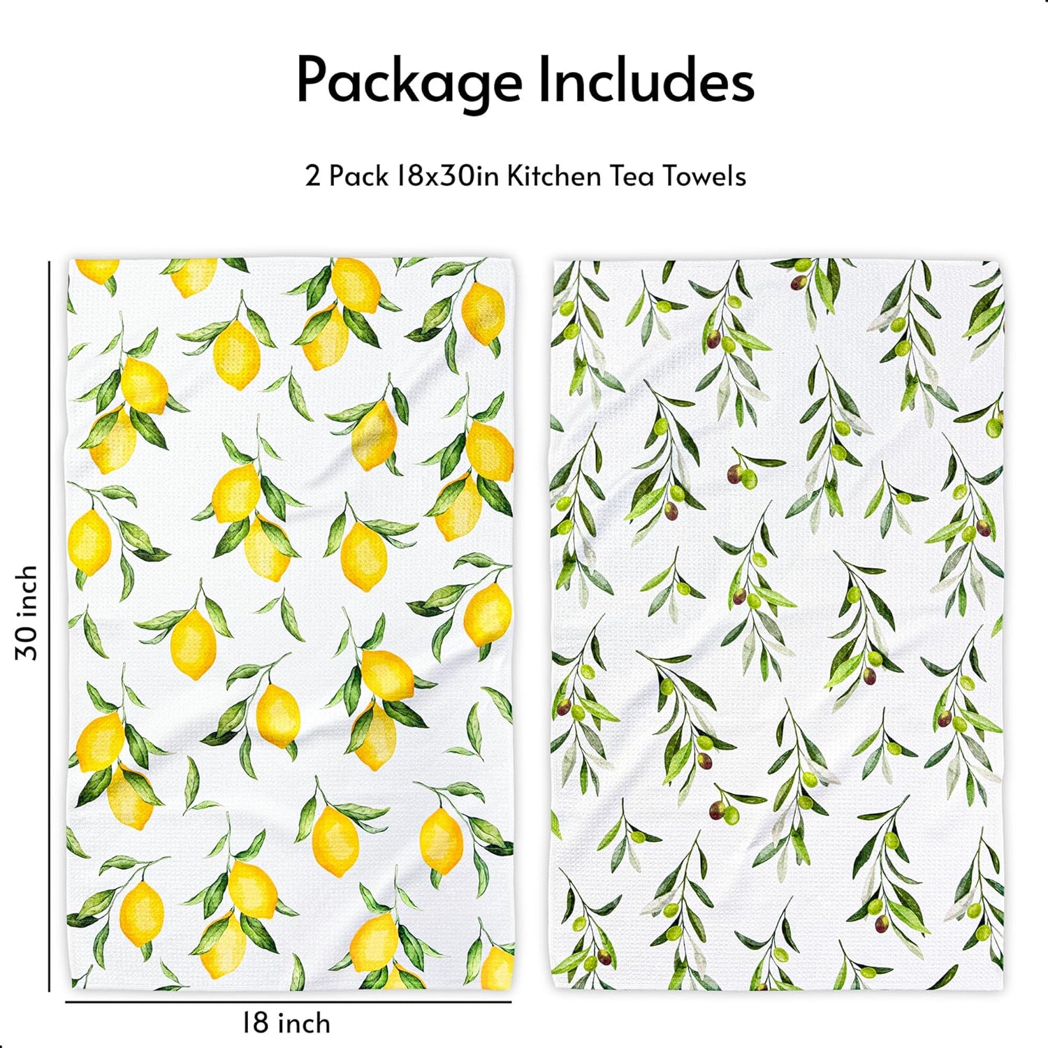 Kitchen Towels, Premium Dish Towels for Kitchen Drying, 18" x 30" Microfiber Kitchen Towel Set, Quick Dry Tea Towels, Watercolor Lemon Series, 2-Pack