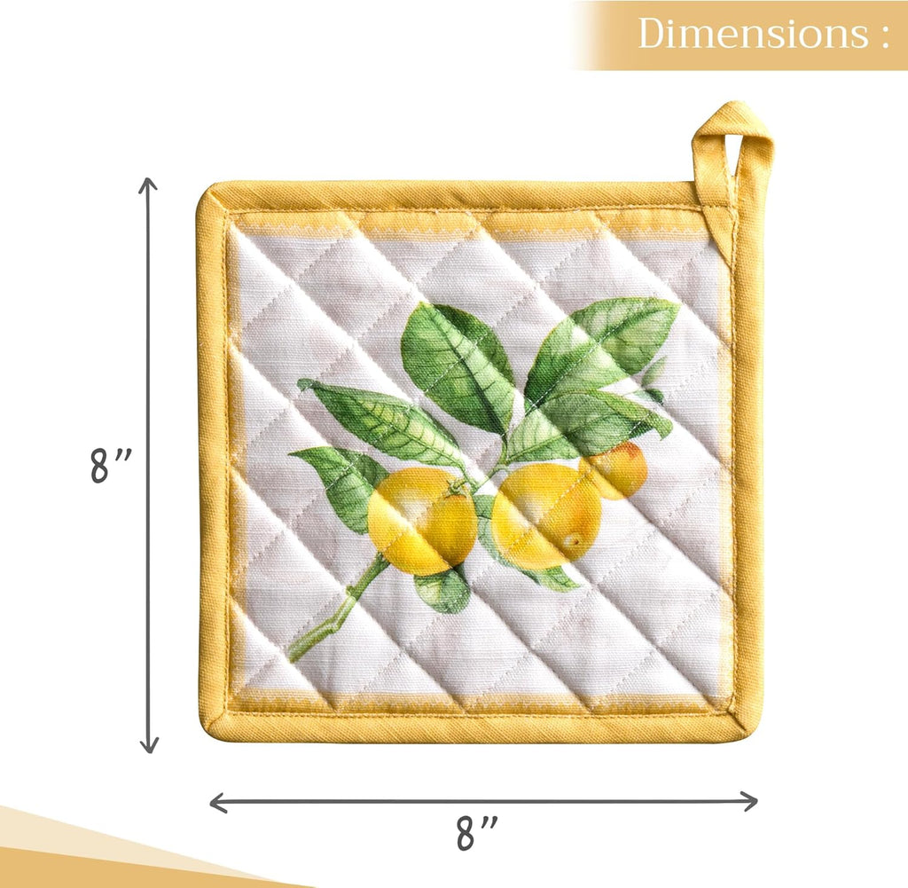 Maison d' Hermine Pot Holders Set 100% Cotton Heat Resistant Potholders 8" x 8" Hot Pads with Loop BBQ, Cooking, Baking, Grilling, Kitchen, Handling Hot Pans Spring/Summer (Pack of 2, Limoncello)