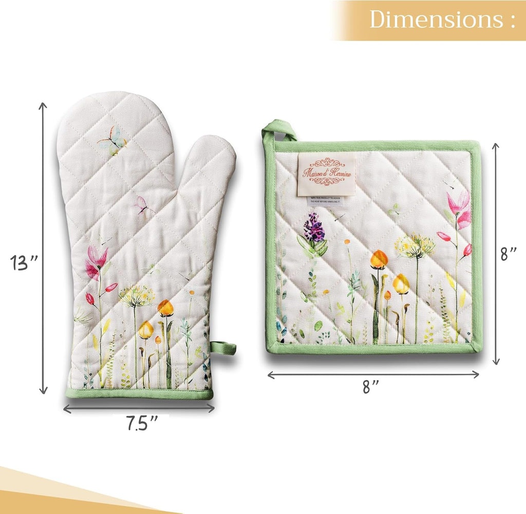 Maison d' Hermine 100% Cotton Oven Mitt & Pot Holder Set (7.5"x13" & 8"x8") Heat Resistant BBQ Cooking Gloves with Loop, Baking, Grilling, Kitchen, Handling Hot Pans Spring/Summer (Botanical Fresh)