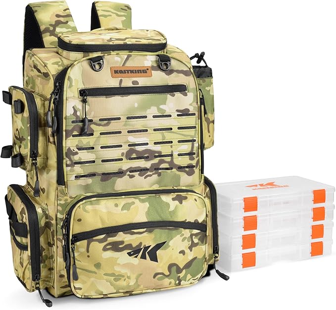 KastKing Bait Boss Fishing Tackle Backpack with Rod Holders-4 Tackle Boxes-Rain Cover,43L Large Storage for Fishing Gear