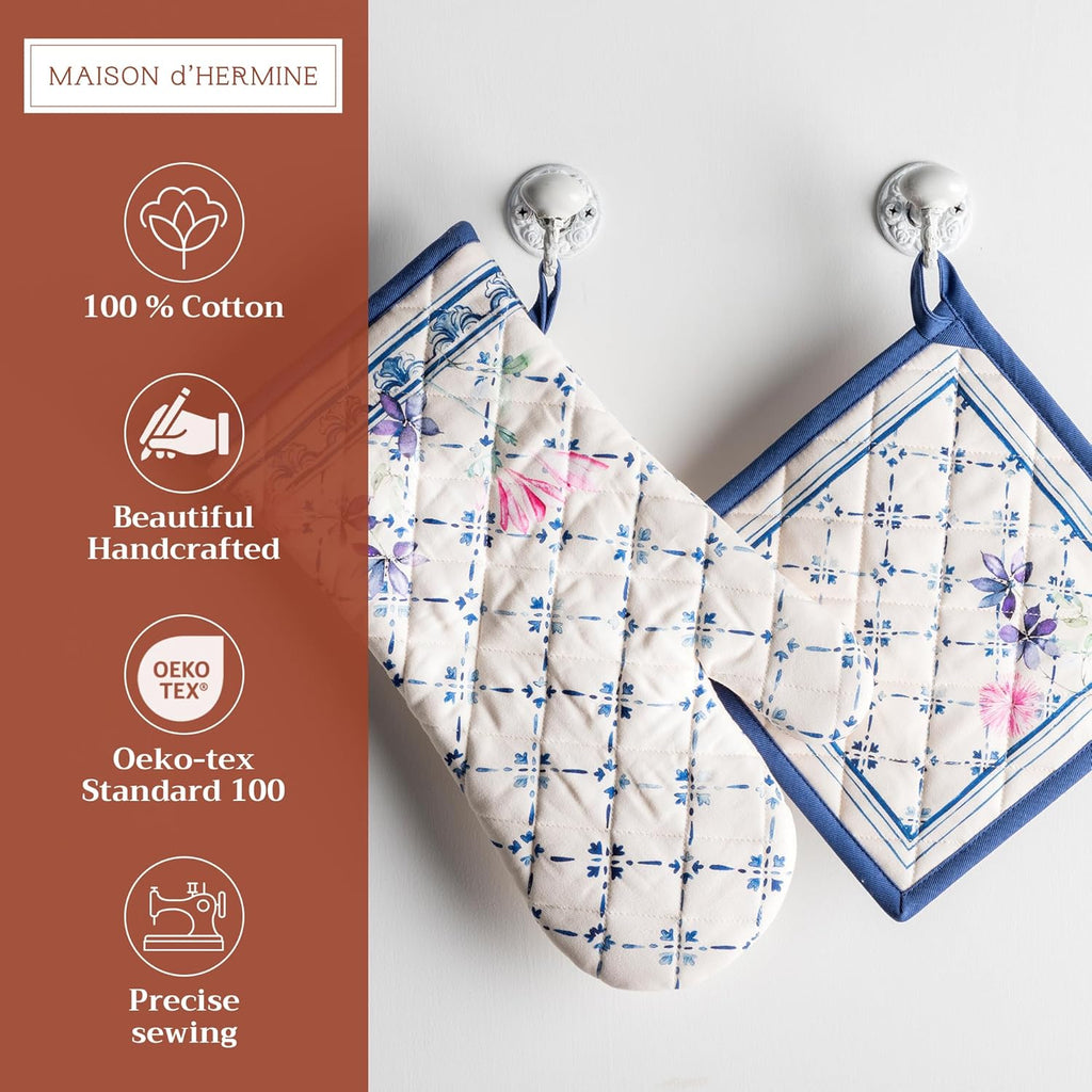 Maison d' Hermine 100% Cotton Oven Mitt & Pot Holder Set (7.5"x13" & 8"x8") Heat Resistant BBQ Cooking Gloves with Loop, Baking, Grilling, Kitchen, Handling Hot Pans Spring/Summer (Faience)