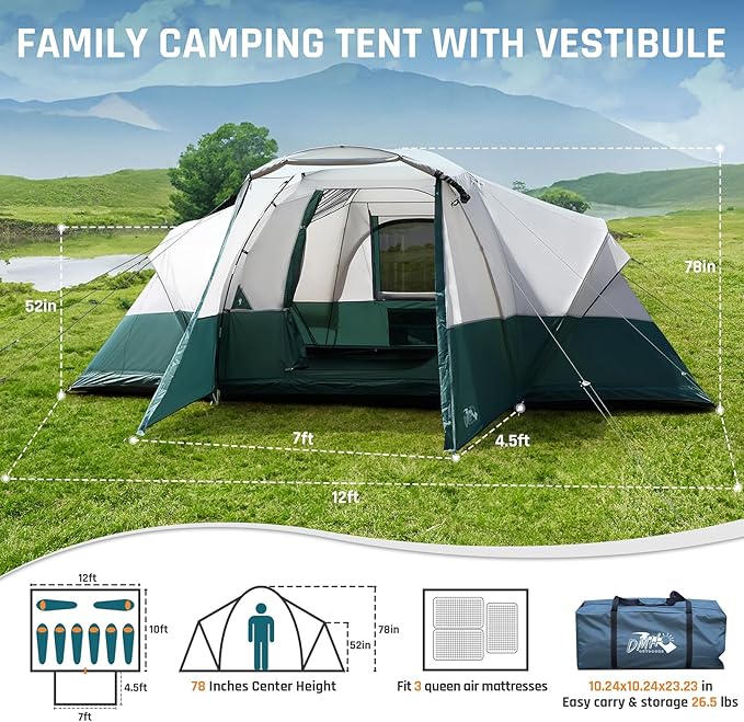 Tents for Camping 6/8/10/11 Person Large Camping Tent with Porch Big Tent with Rainfly & Reflective Windproof Rope Portable with Carry Bag for Family Camping & Hiking