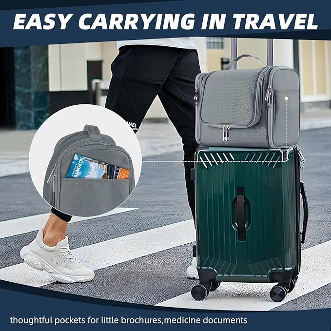 Buruis Large Capacity Toiletry Bag for Women and Men, Hanging Toiletry Organizer Cosmetics Makeup Bag, Water-resistant Dopp Kit Shaving Bags for Full Sized Toiletries, Travel Essentials (Gray)