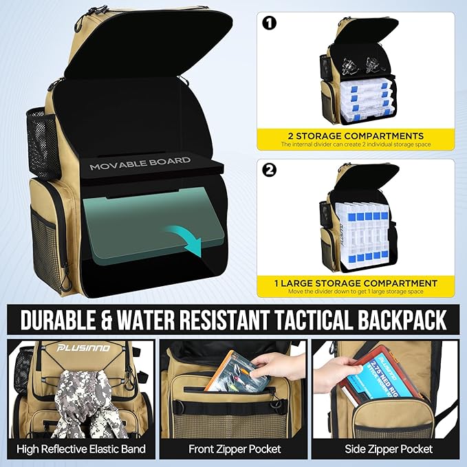 PLUSINNO Cooler Fishing Backpack with Rod Holders 45L Large Water-resistant Fishing Tackle bag Store Fishing Gear Fishing Gifts for Men Father