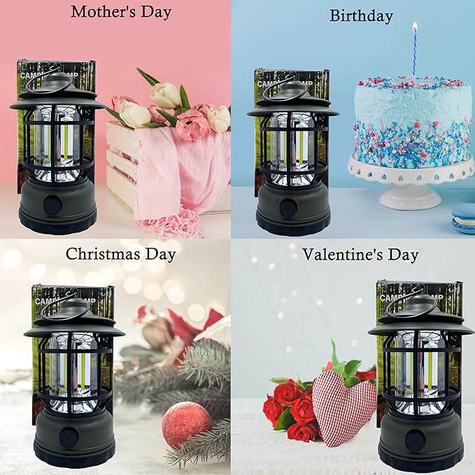 1 Pack Camping Lantern Battery Powered with Stepless Dimming, Rechargeable Battery LED Lantern for Power Outage, Camping Essentials Light for Emergency, Hurricane, Camping,Tent