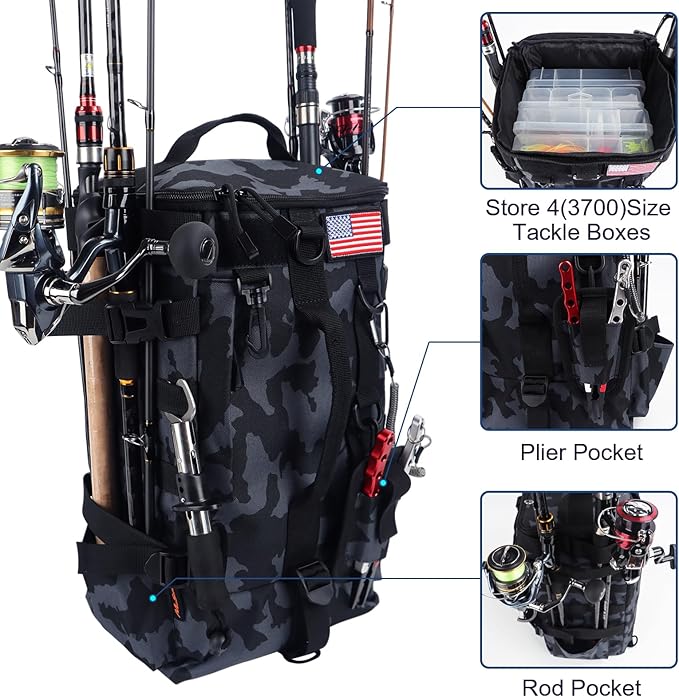 Fishing Backpack Tackle Bag, Fishing Backpack with Rod Holders Large Storage Fishing Tackle Box Backpack, Fishing Rod Bag for Carrying Fishing Gear and Equipment, RBC01
