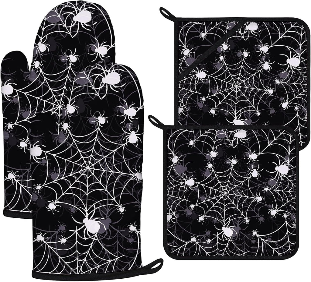 Spider Web Oven Mitts and Pot Holders Sets 4Pcs,Extra Long Oven Gloves Potholder for Kitchen Cooking Baking BBQ 100% Cotton Heat Resistant