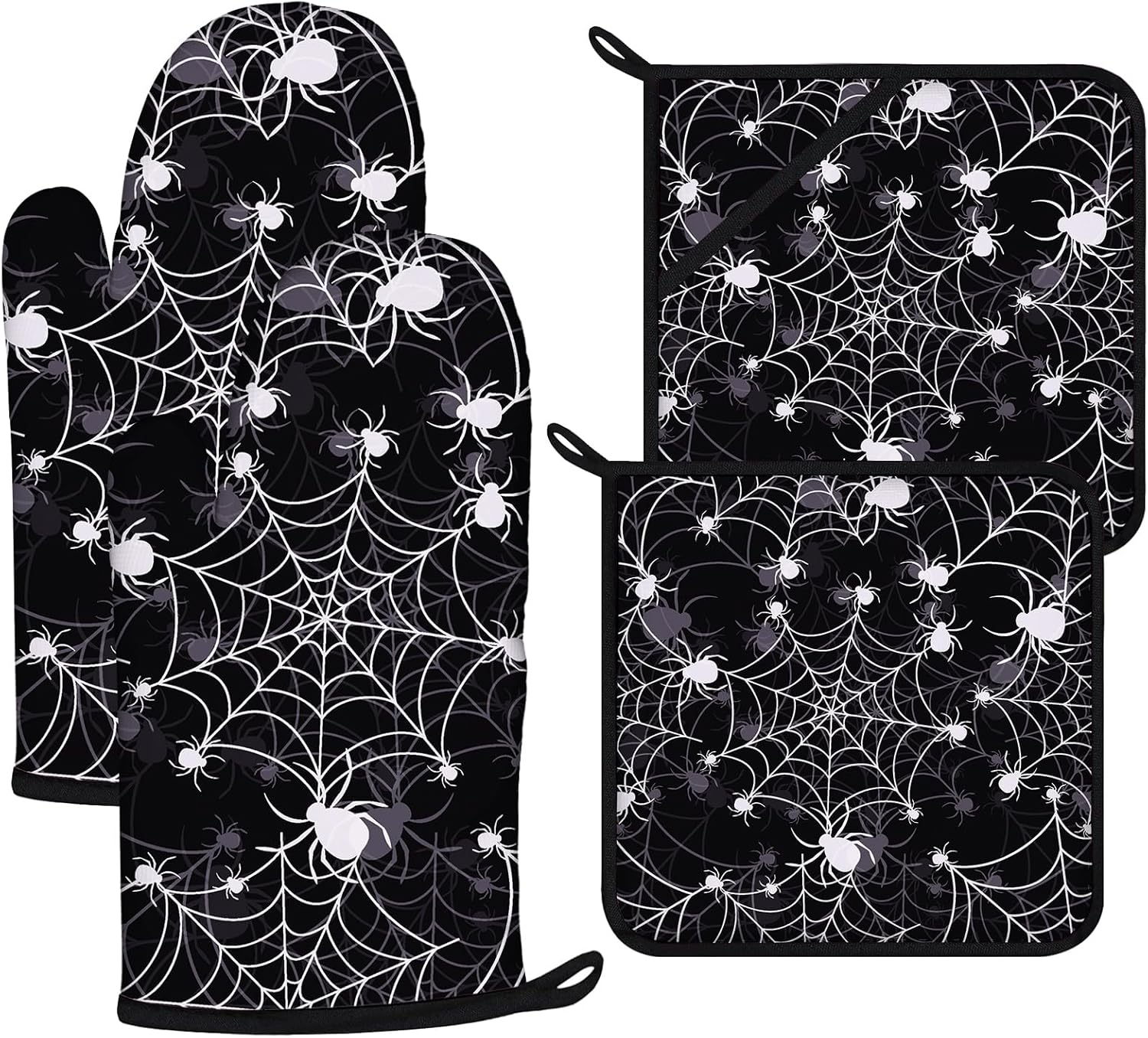 Spider Web Oven Mitts and Pot Holders Sets 4Pcs,Extra Long Oven Gloves Potholder for Kitchen Cooking Baking BBQ 100% Cotton Heat Resistant